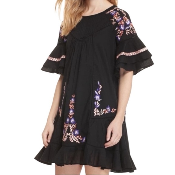 Free People Dresses & Skirts - Free People Black Mini Dress with Purple & Blush Floral Embroidery SZ XS